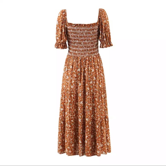 Cottagecore floral print boho dress green shirred - Picture 7 of 8